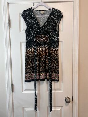 Yvos Beaded Waist Leopard Print Tunic Dress Boho Animal Print Medium M